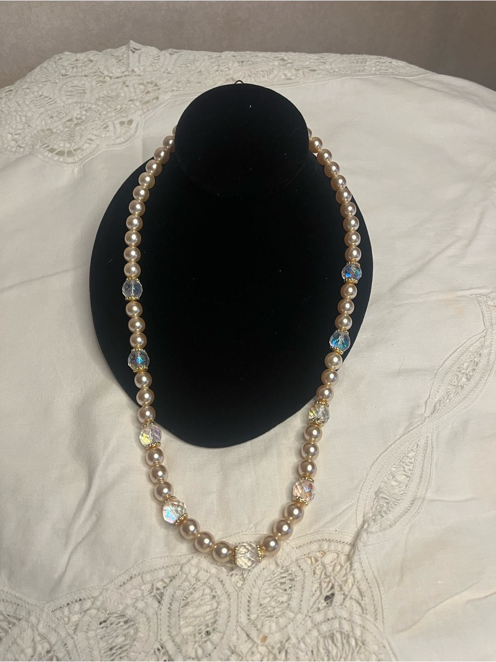 Champagne Faux Pearl Necklace with Aurora Crystal Beads